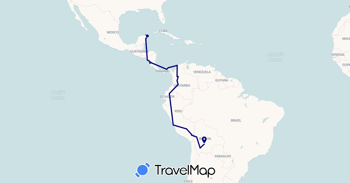 TravelMap itinerary: driving in Bolivia, Colombia, Ecuador, Mexico, Nicaragua, Panama, Peru (North America, South America)